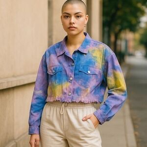 Vintage Fringe Denim Cropped Tie-Dye Jacket - Size Medium